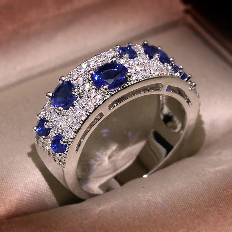 Women’s Silver Ring Adorned with Blue Nano Stones and Sparkling Luxury Zircon