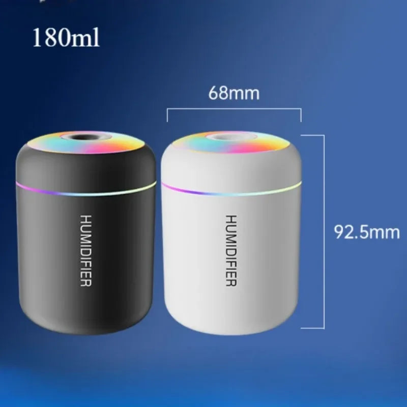 مرطب هواء صغير USB 180 مل مع موزع زيوت عطرية أساسية للمنزل والسيارة بالموجات فوق الصوتية مع صانع ضباب صامت مع مصباح LED ملون