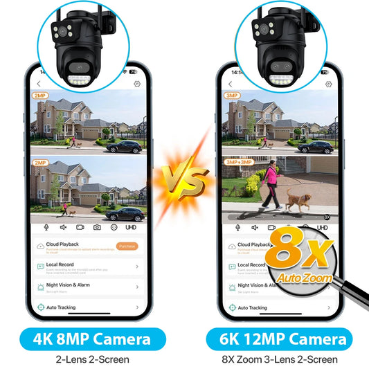 6K 12MP Outdoor Wifi Camera PTZ 8X Optical Zoom Three Lens Dual Screens Video Surveillance 8MP Dual Lens CCTV Security IP Camera