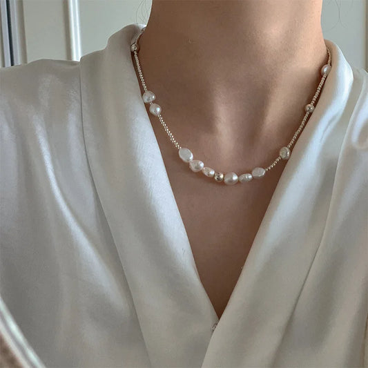 Silver Pearl Necklace, Irregular Beads, Gift, Wholesale.