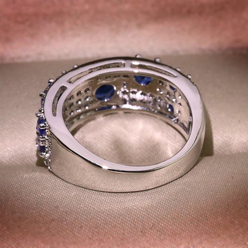 Women’s Silver Ring Adorned with Blue Nano Stones and Sparkling Luxury Zircon