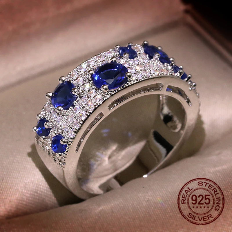 Women’s Silver Ring Adorned with Blue Nano Stones and Sparkling Luxury Zircon