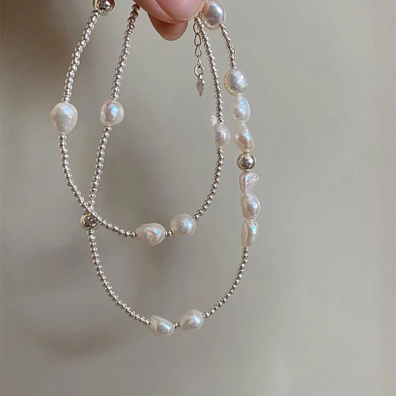 Silver Pearl Necklace, Irregular Beads, Gift, Wholesale.