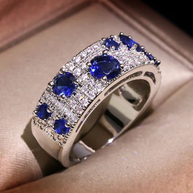 Women’s Silver Ring Adorned with Blue Nano Stones and Sparkling Luxury Zircon