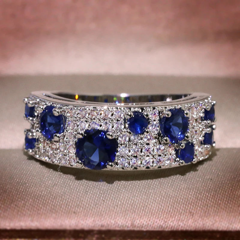 Women’s Silver Ring Adorned with Blue Nano Stones and Sparkling Luxury Zircon