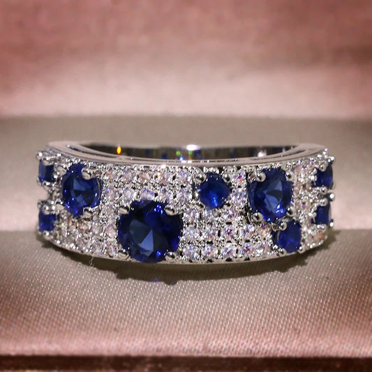 Women’s Silver Ring Adorned with Blue Nano Stones and Sparkling Luxury Zircon